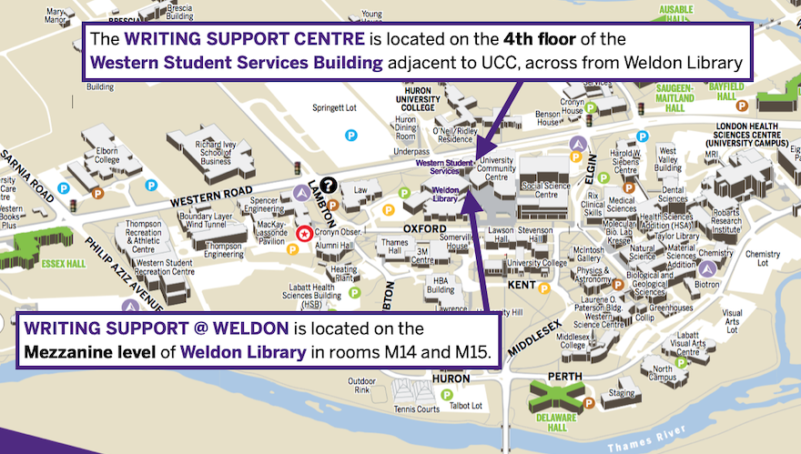 A map showing the locations of the two writing support centres.